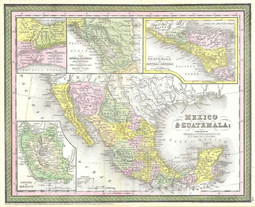 Historic Map : Mexico &amp; Texas, Mitchell, 1850, Vintage Wall Art