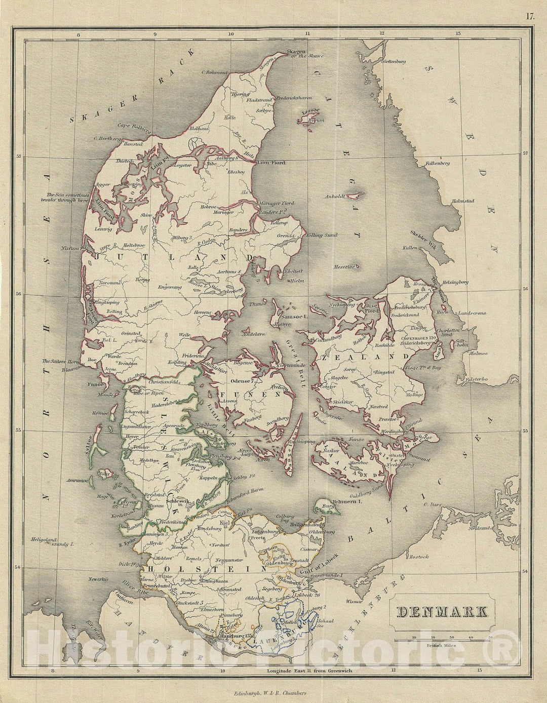 Historic Map : Denmark, Chambers, 1845, Vintage Wall Art