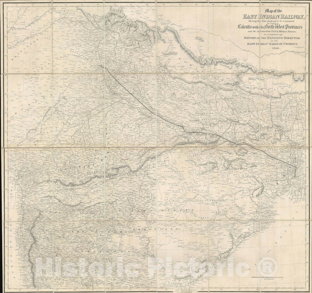 Historic Map : Proposed East Indian Railway Calcutta - Delhi, India, Walker, 1846, Vintage Wall Art