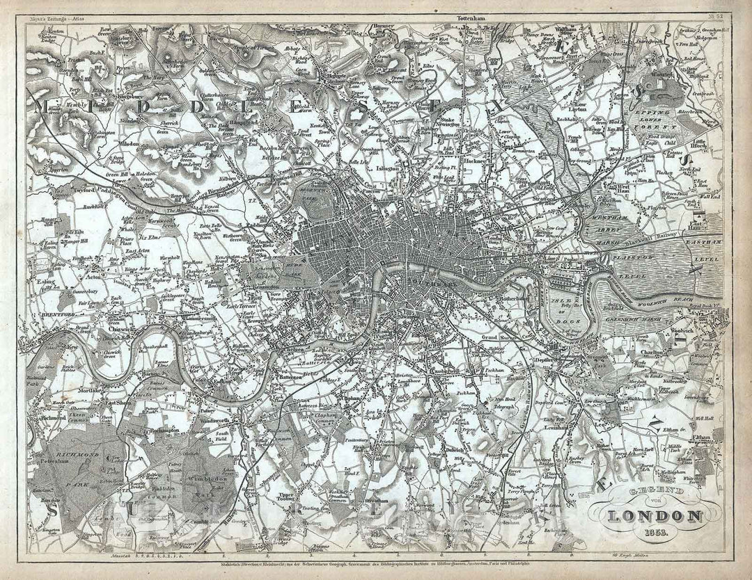 Historic Map : Plan of London and its Environs, Meyer, 1853, Vintage Wall Art