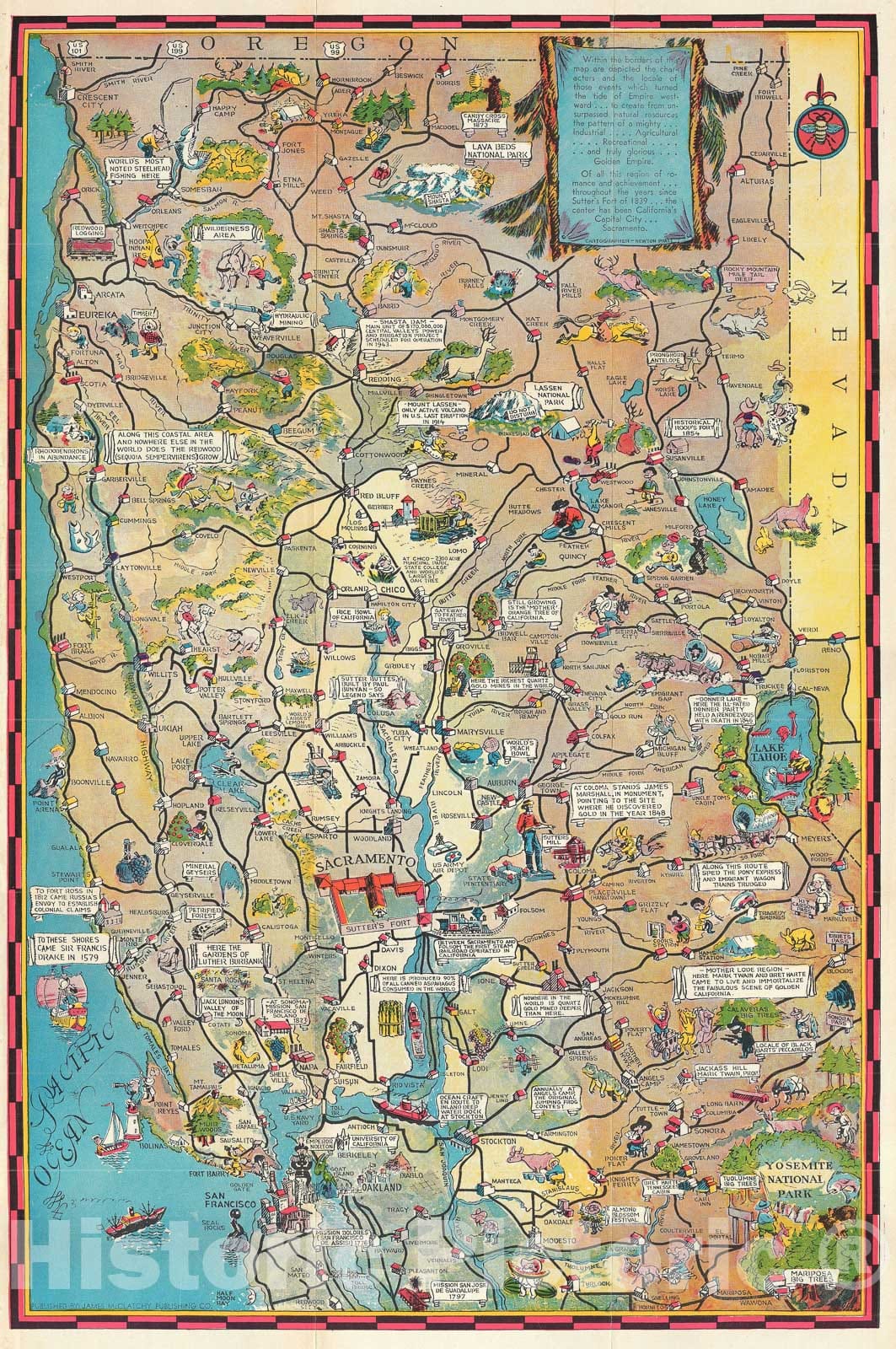 Historic Map : Pictorial Map of The Sacramento Valley, California, Newton Pratt, 1939, Vintage Wall Art