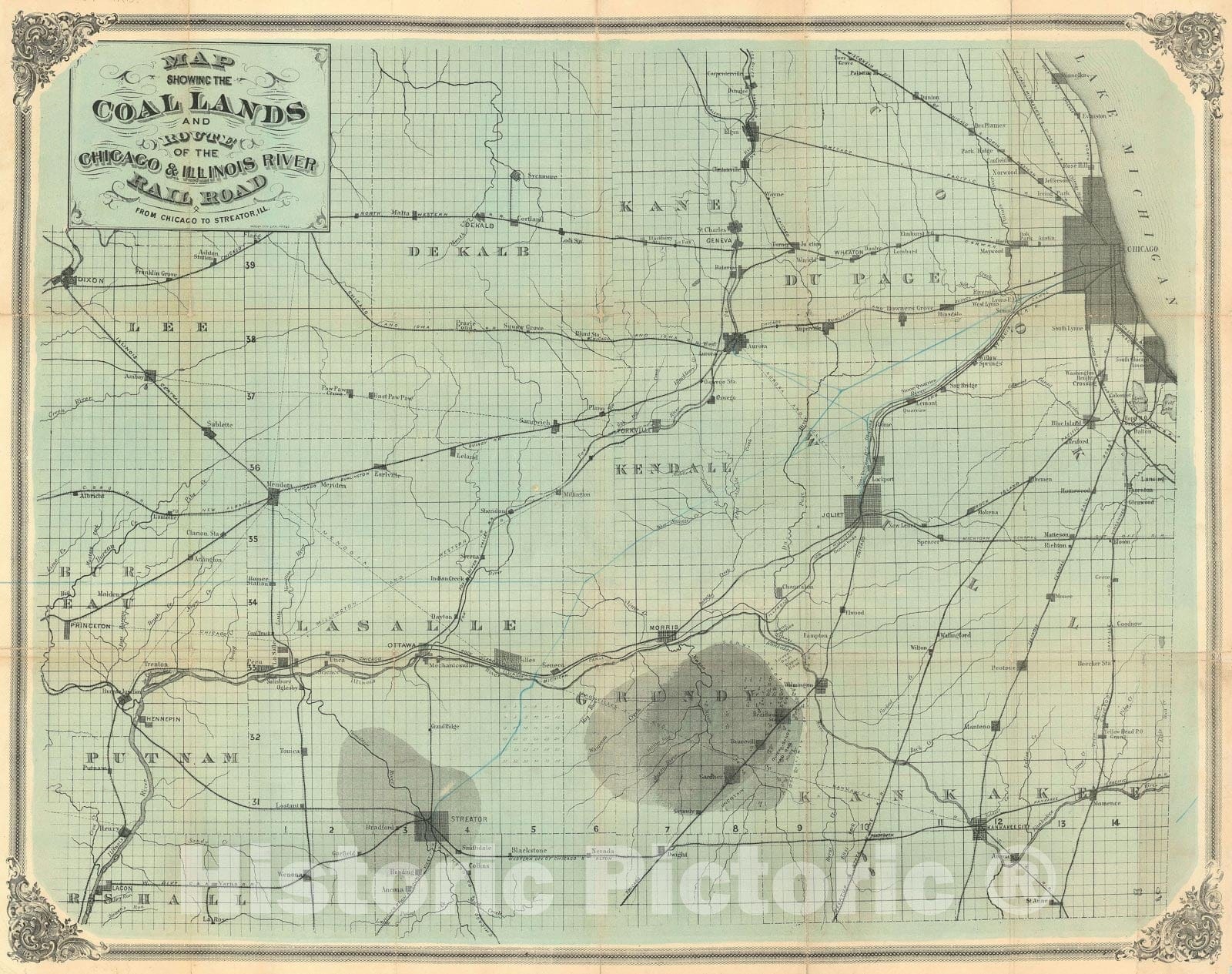 Historic Map : Chicago and Illinois River Rail Road Map of The Coal Fields west of Chicago, 1870, Vintage Wall Art