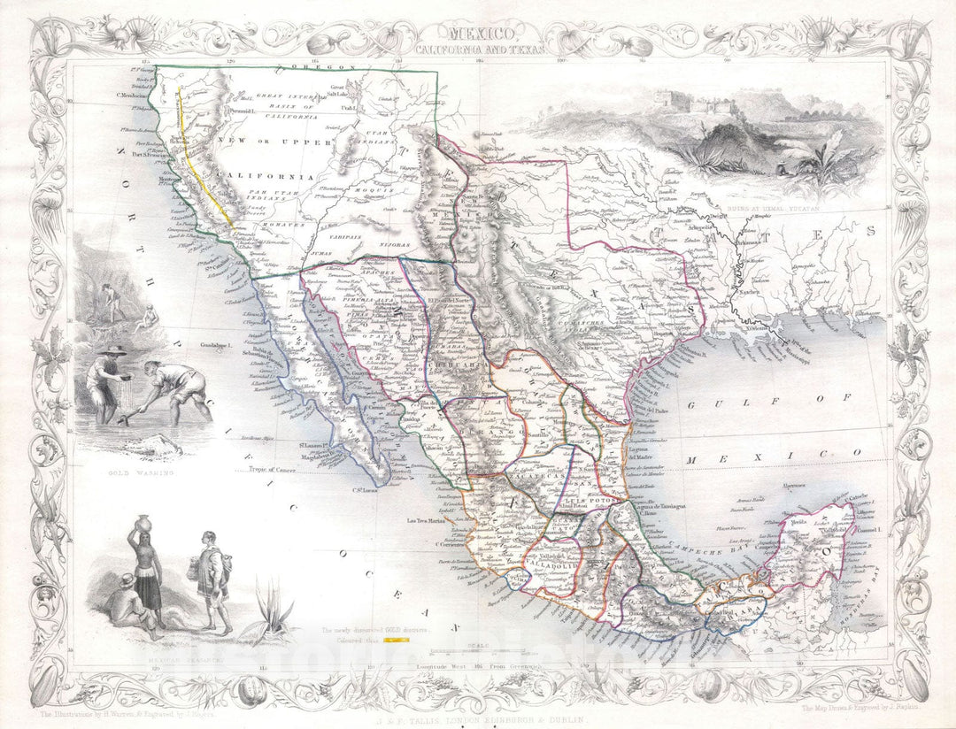 Historic Map : Mexico, Texas &amp; California, Tallis, 1851, Vintage Wall Art