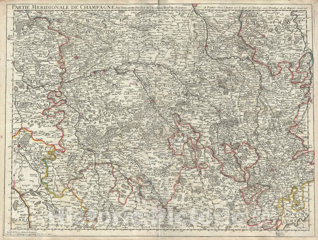 Historic Map : The Southern Champagne Region, France, Delisle, 1713, Vintage Wall Art