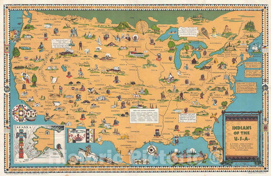 Historic Map : Jefferson Pictorial Map of The United States Illustrating Indian Tribes, 1944, Vintage Wall Art