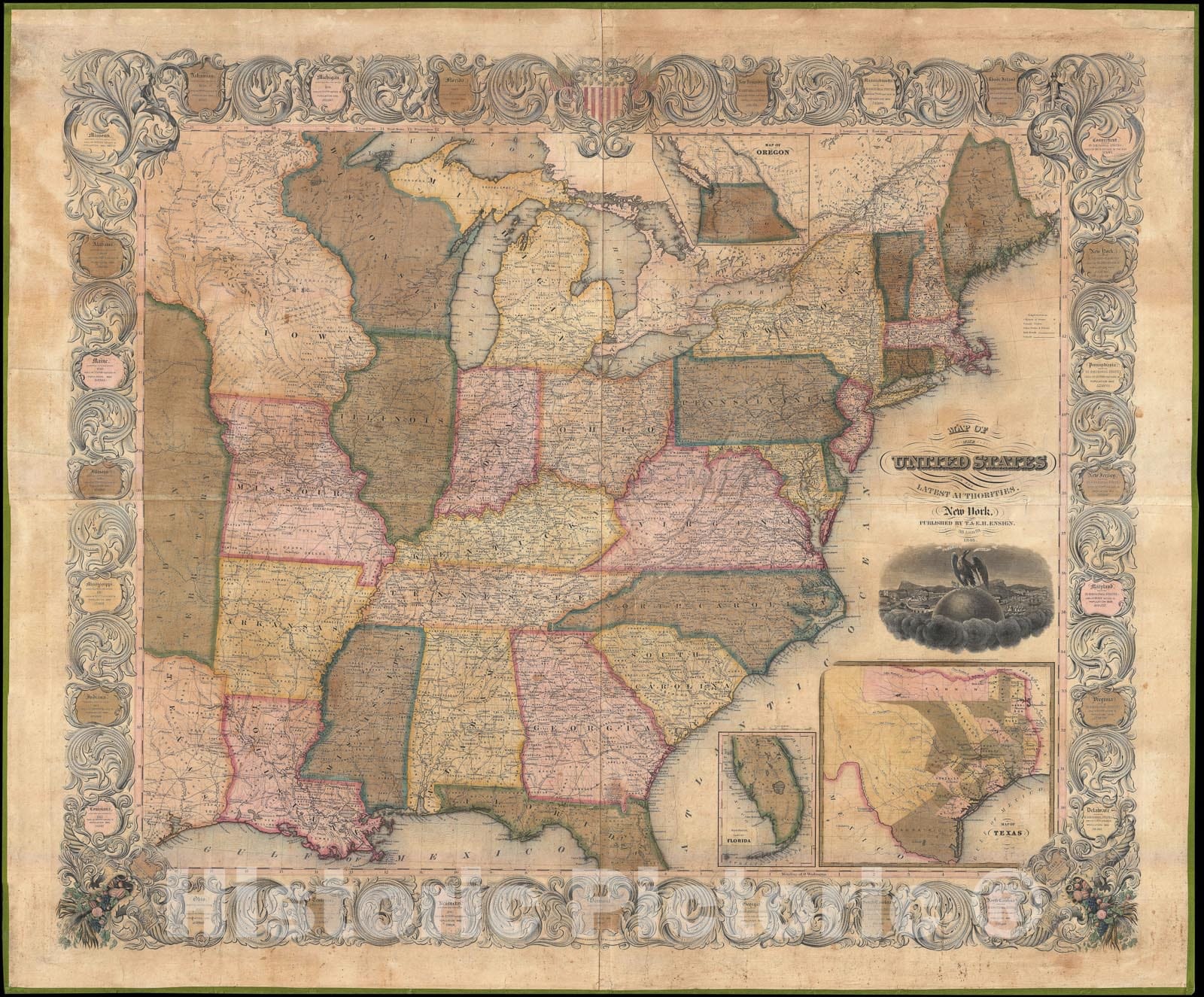 Historic Map : The United States w/ Texas, Florida, anArtegon Inset, Ensign and Thayer, 1846, Vintage Wall Art