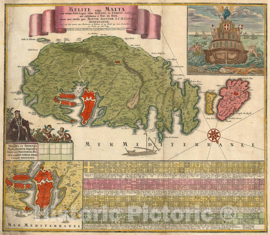 Historic Map : Malta and Gozo / with crests, Seutter, 1730, Vintage Wall Art