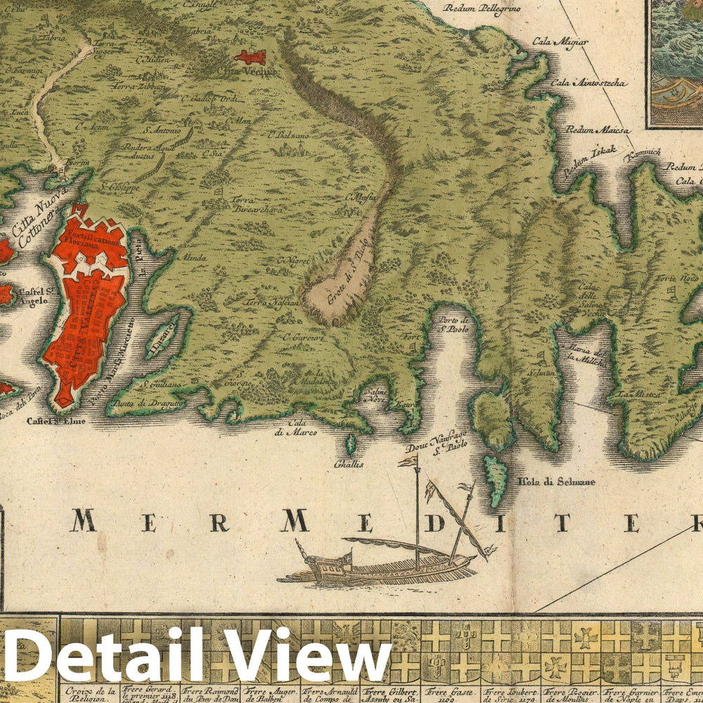 Historic Map : Malta and Gozo / with crests, Seutter, 1730, Vintage Wall Art