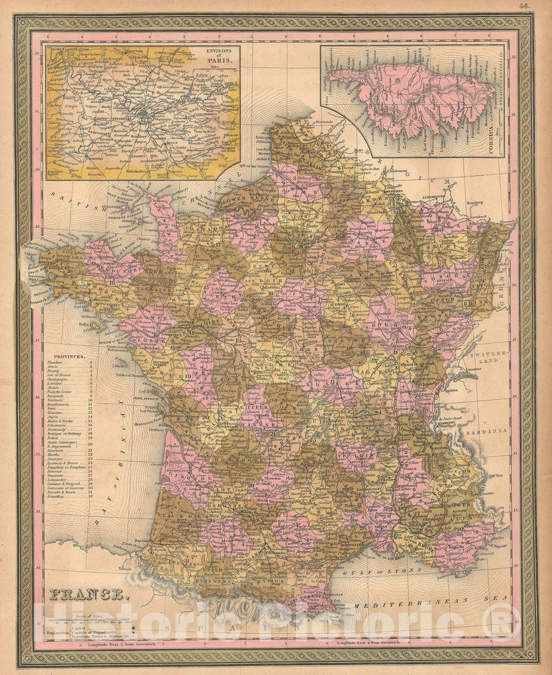 Historic Map : France, Mitchell, 1849, Vintage Wall Art