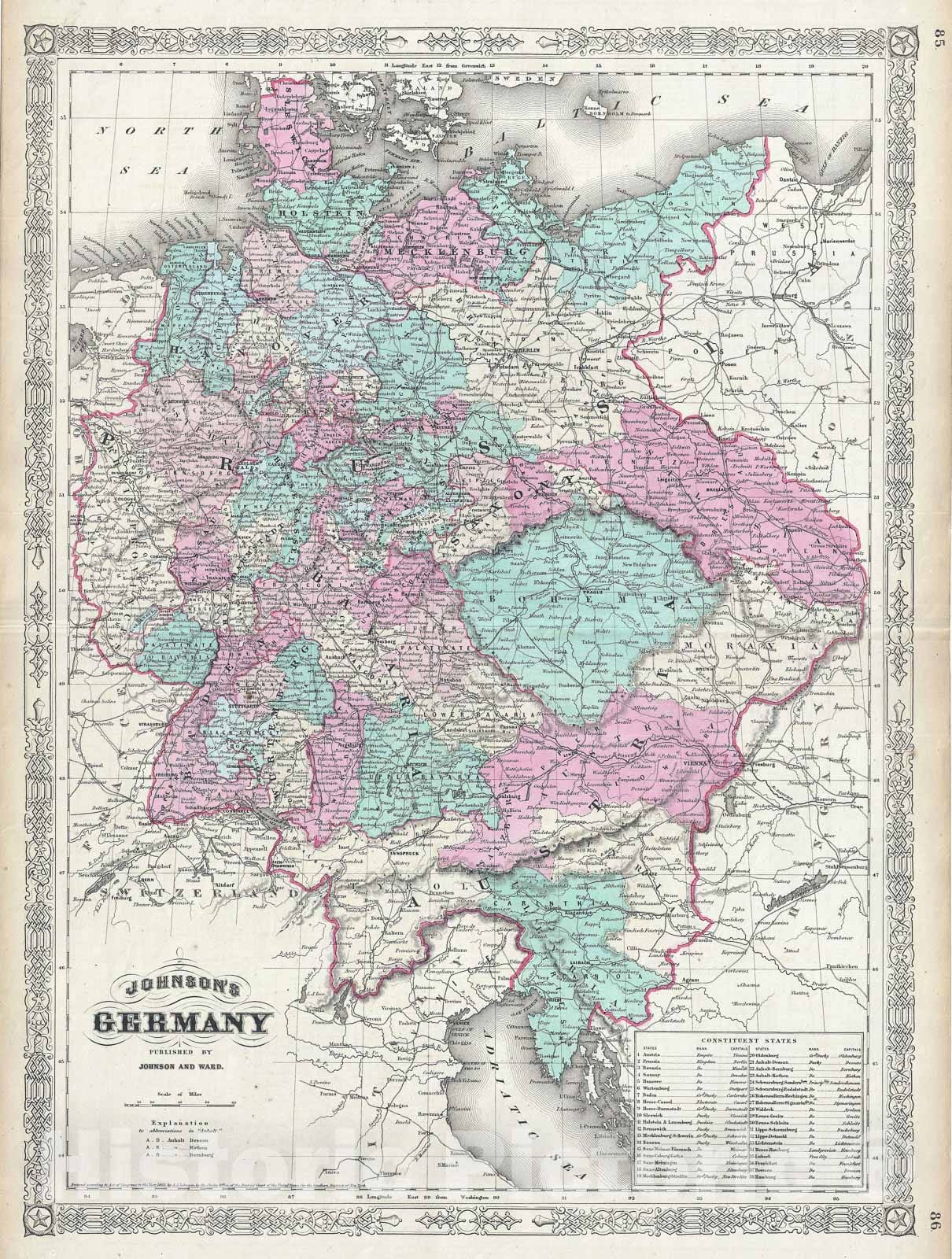 Historic Map : Germany, Johnson, 1865, Vintage Wall Art