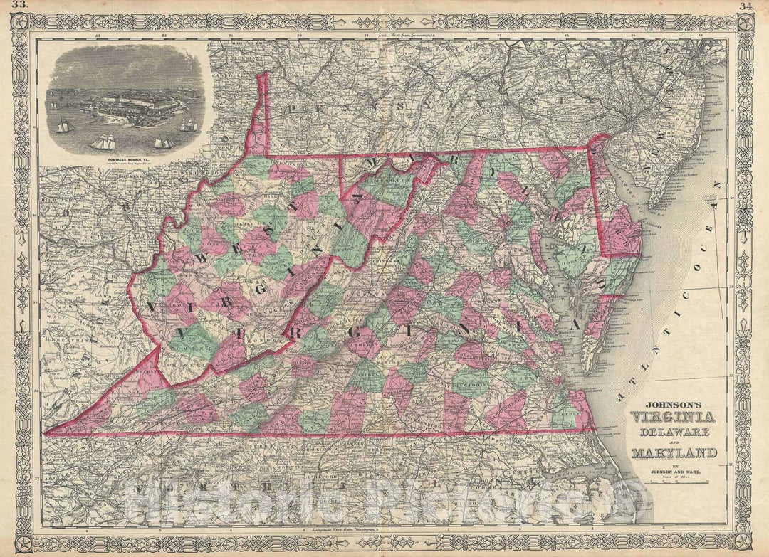 Historic Map : Virginia, Delaware and Maryland, Johnson, 1866, Vintage Wall Art