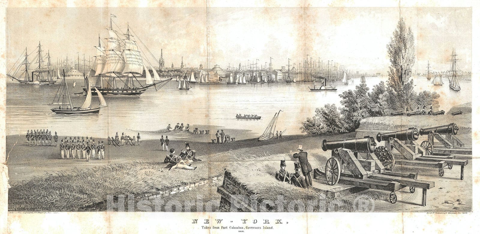 Historic Map : New York City from Governors Island, Valentine, 1860, Vintage Wall Art