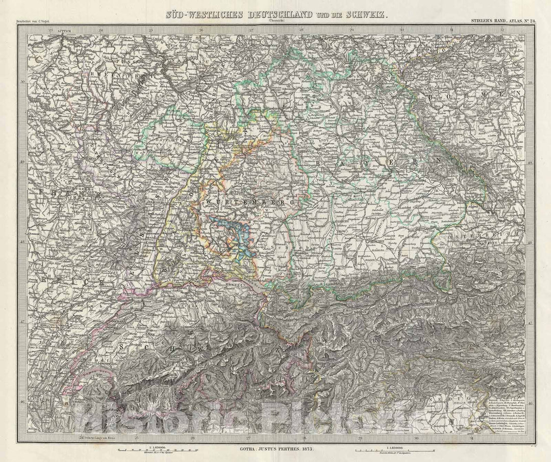 Historic Map : Southwest Germany and Switzerland, Stieler, 1873, Vintage Wall Art