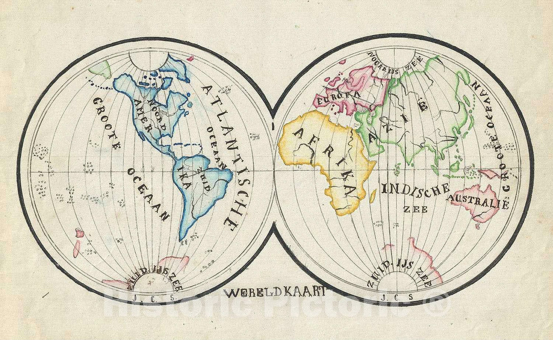 Historic Map : The World in Hemispheres, Sikkel Manuscript, 1871, Vintage Wall Art