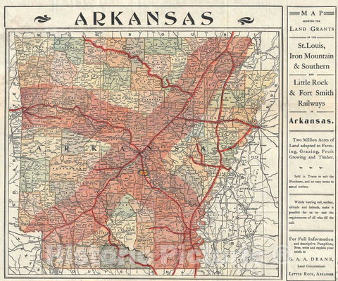 Historic Map : Iron Mountain Railway Map of Arkansas Land Grants For Sale, 1885, Vintage Wall Art