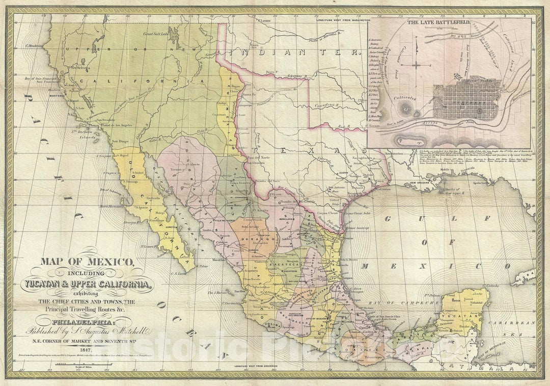 Historic Map : Texas at fullest and Mexico, Mitchell, 1847, Vintage Wall Art