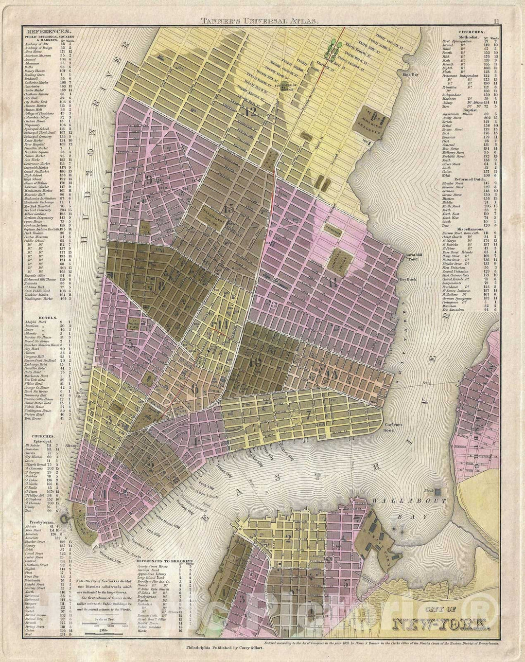 Historic Map : New York City, Tanner, 1844, Vintage Wall Art