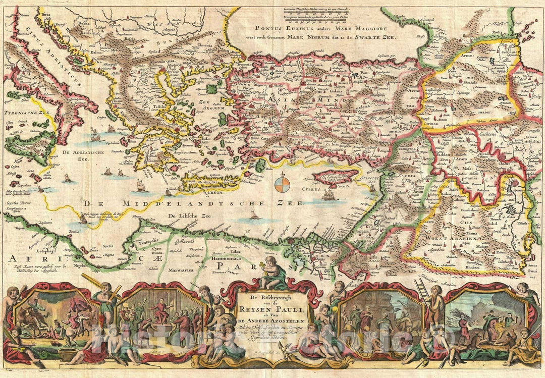 Historic Map : The Travels of The Apostle Paul, Stoopendaal, 1730, Vintage Wall Art