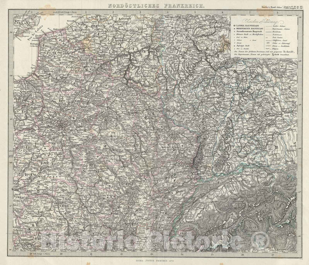 Historic Map : Northeastern France, Stieler, 1873, Vintage Wall Art