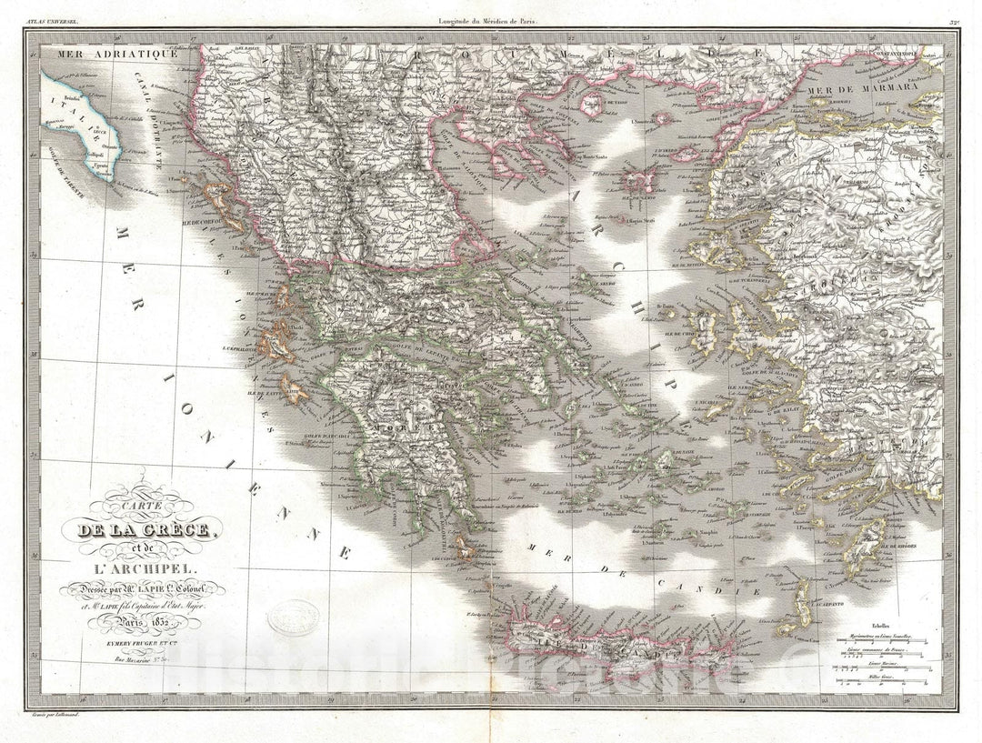 Historic Map : Greece, Lapie, 1829, Vintage Wall Art