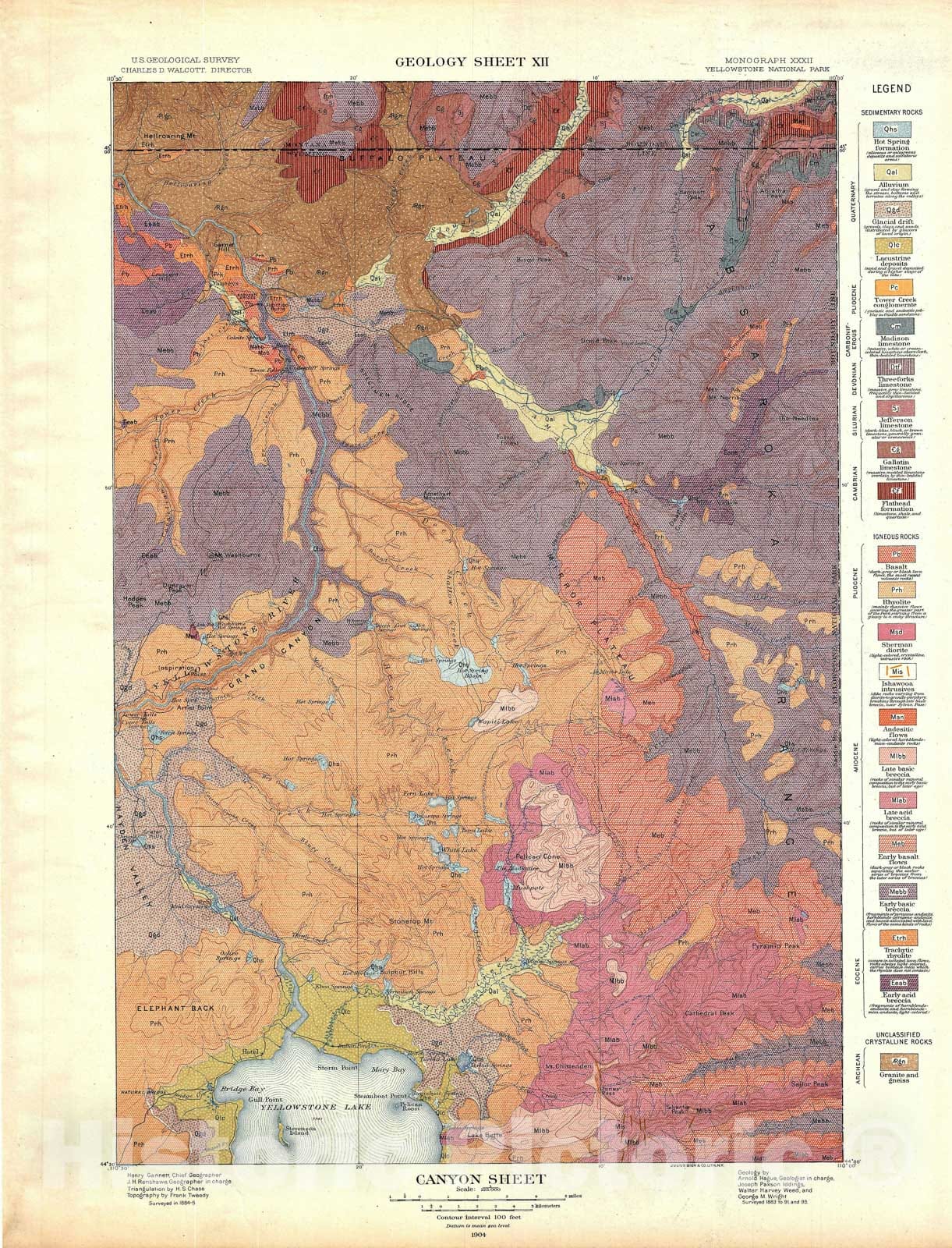 Historic Map : USGS Geologic Canyon, Yellowstone National Park, 1904, Vintage Wall Art