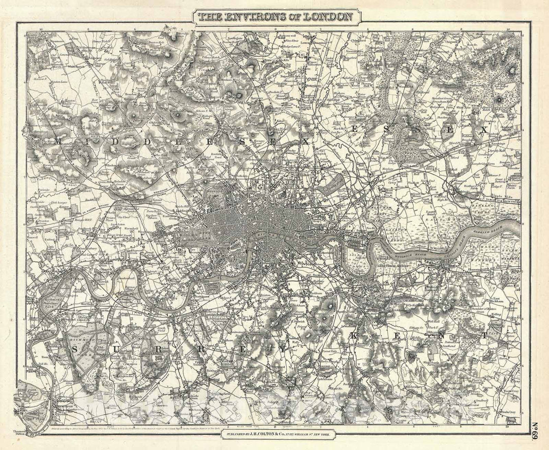 Historic Map : London, England, Colton, 1855, Vintage Wall Art