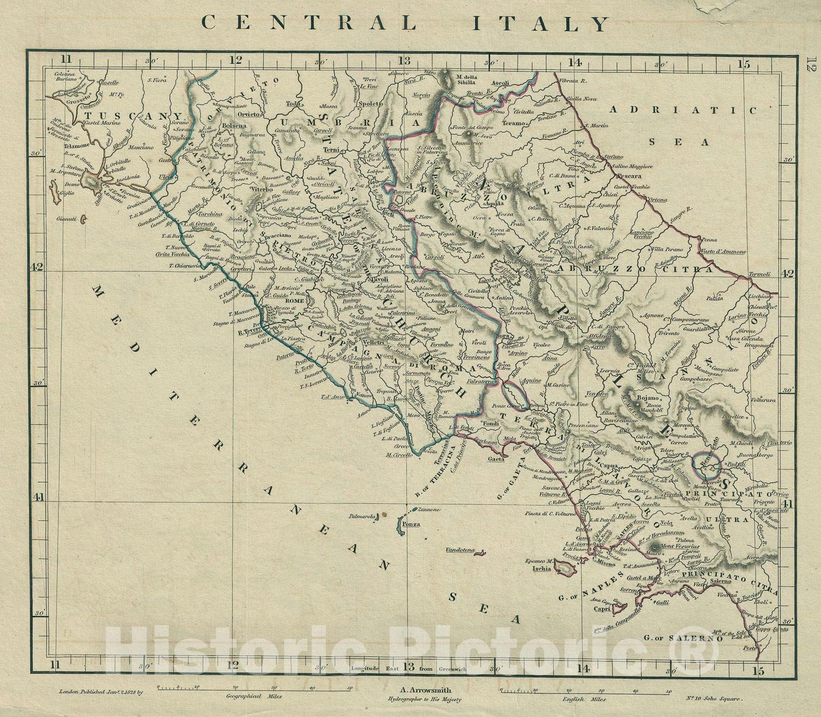 Historic Map : Central Italy "Rome, Naples", Arrowsmith, 1828, Vintage Wall Art