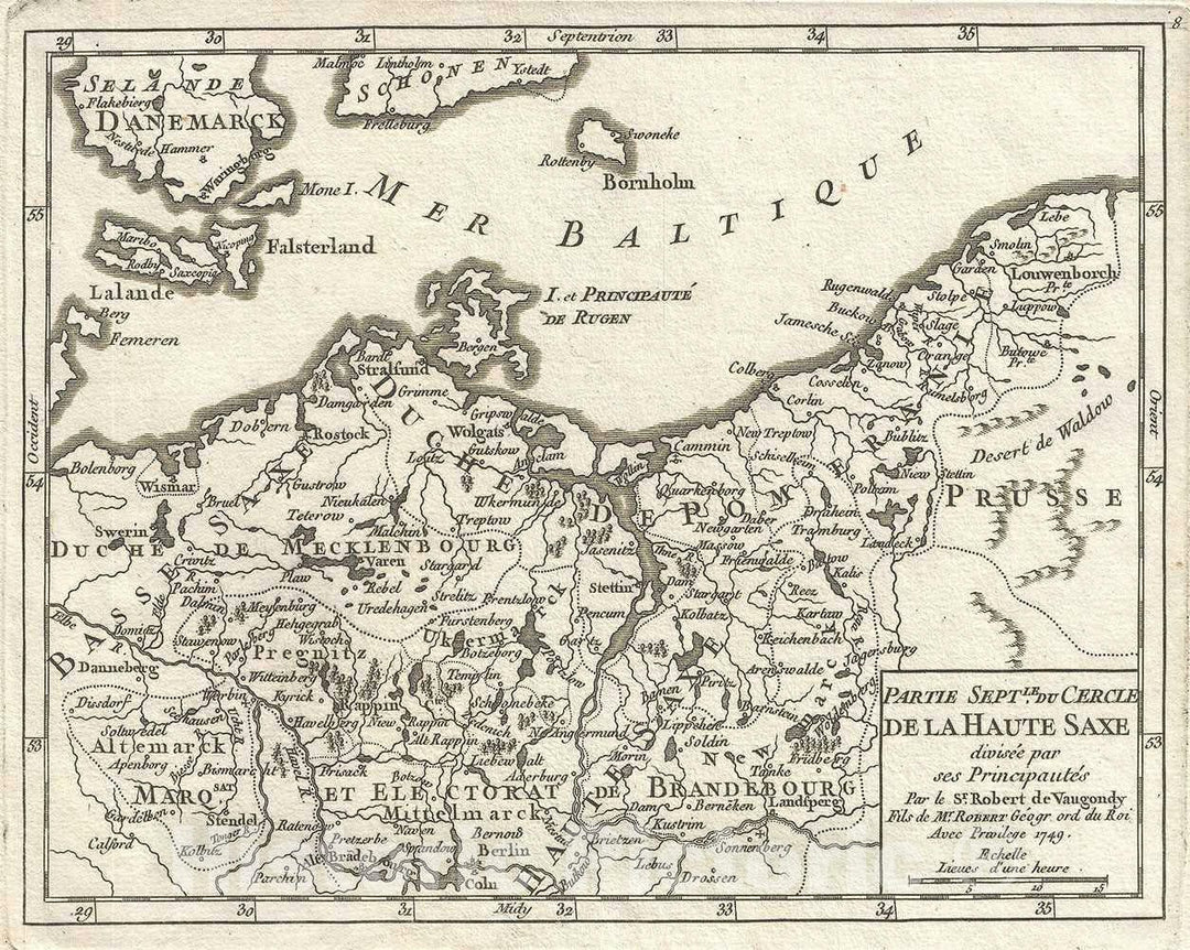 Historic Map : Northern Upper Saxony, Germany, Vaugondy, 1749, Vintage Wall Art