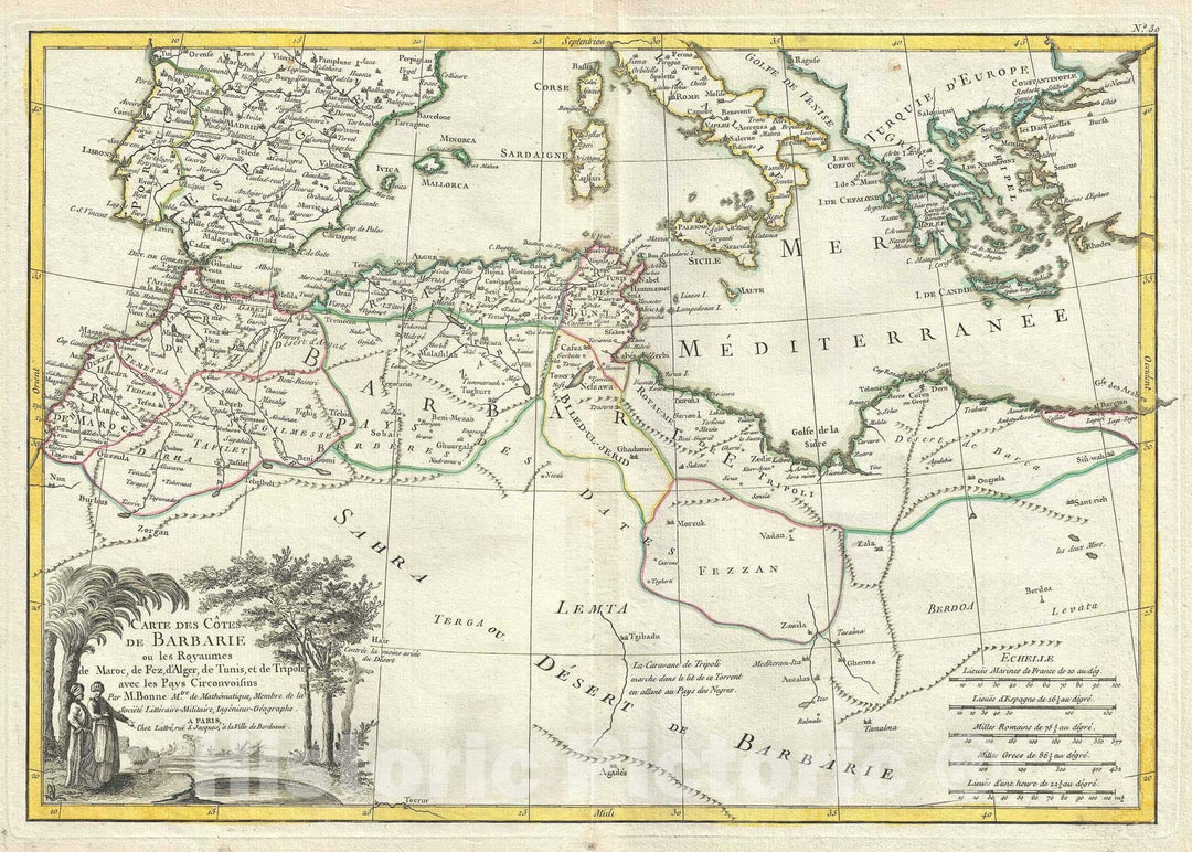 Historic Map : The Mediterranean and The Maghreb or Barbary Coast, Bonne, 1778, Vintage Wall Art