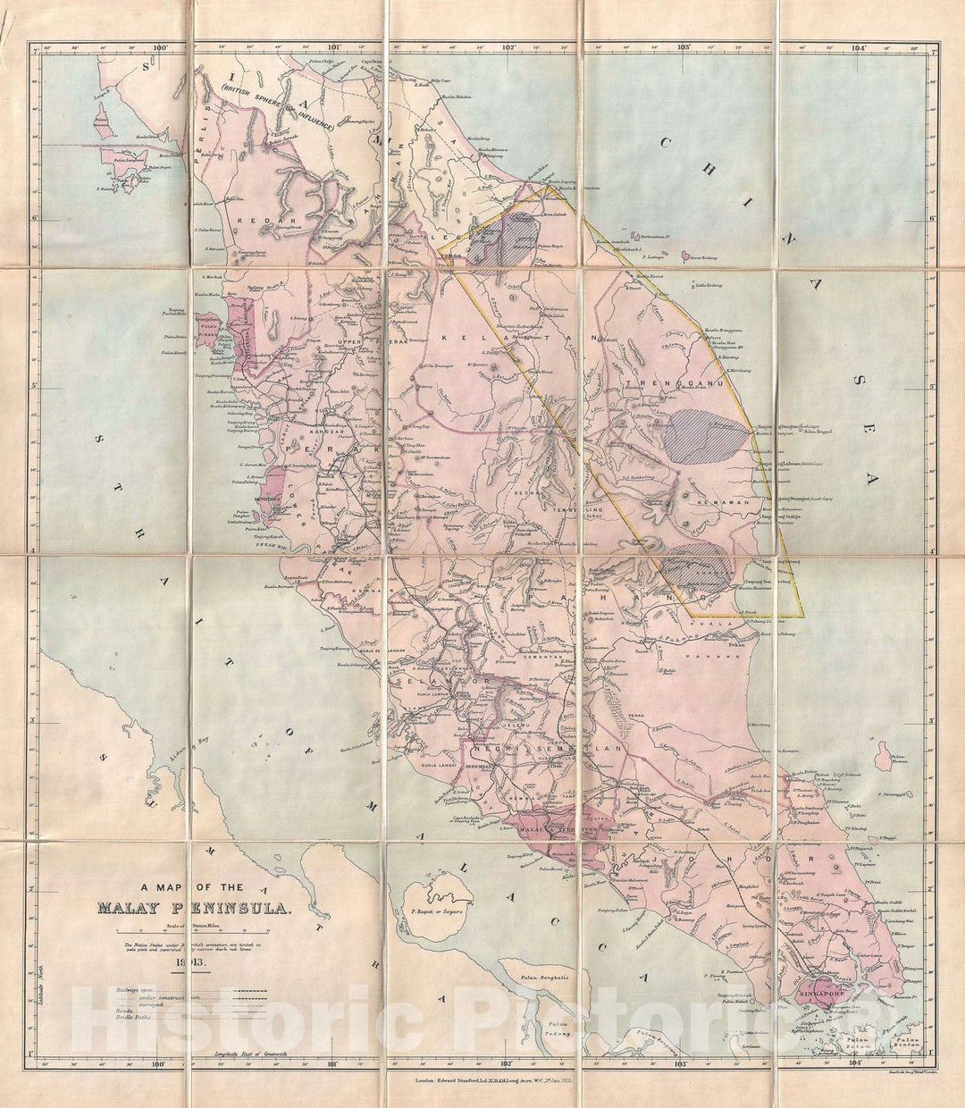 Historic Map : The Malay Peninsula "with manuscript Tin Region", Stanford, 1913, Vintage Wall Art