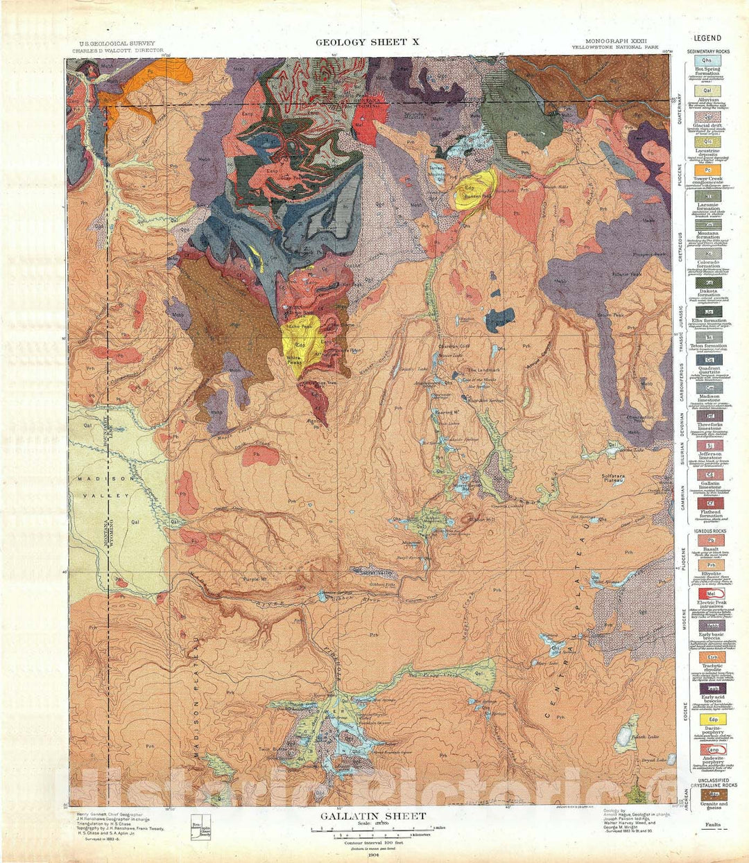 Historic Map : USGS Geologic Gallatin, Yellowstone National Park, 1904, Vintage Wall Art