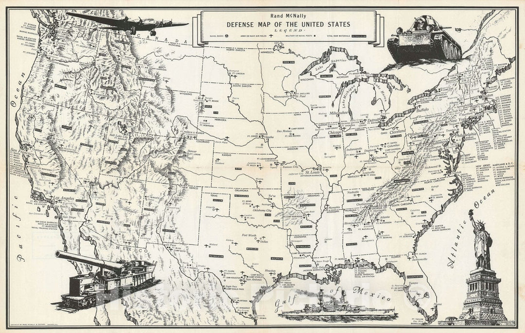 Historic Map : United States military bases and mineral resources, Rand McNally, 1941, Vintage Wall Art