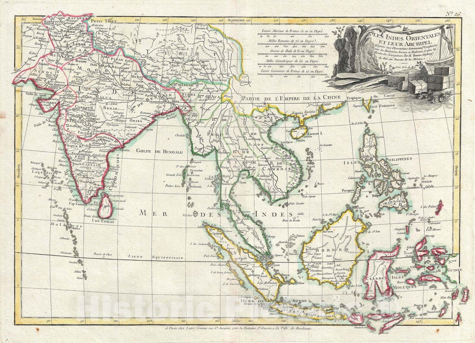 Historic Map : India, Southeast Asia and The East Indies "Thailand, Borneo, Singapore", Bonne, 1783, Vintage Wall Art