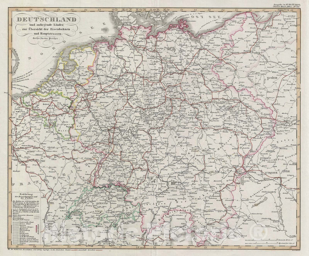 Historic Map : Germany's Roads and Railways, Perthes, 1854, Vintage Wall Art