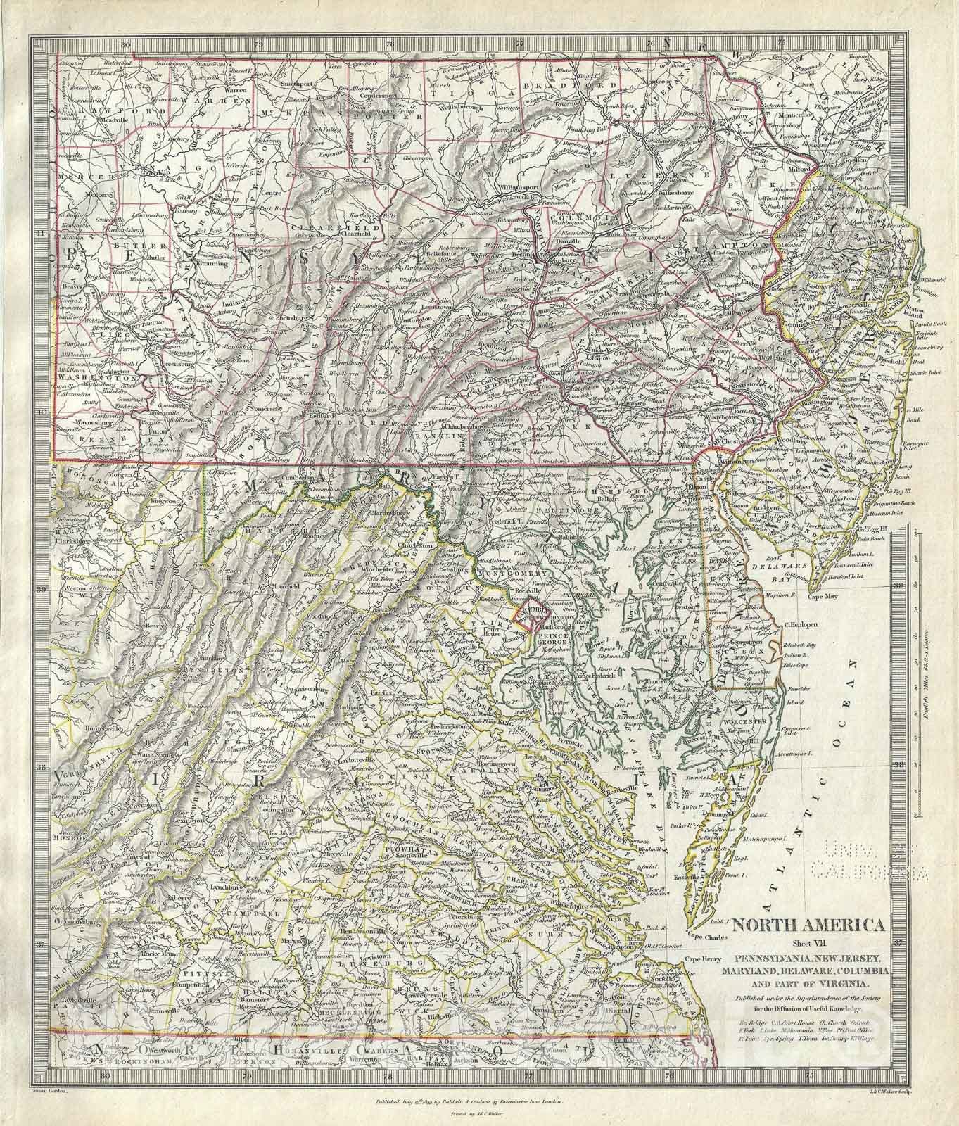 Historic Map : Pennsylvania, Virginia, Maryland, Delaware and New Jersey, S.D.U.K., 1833, Vintage Wall Art