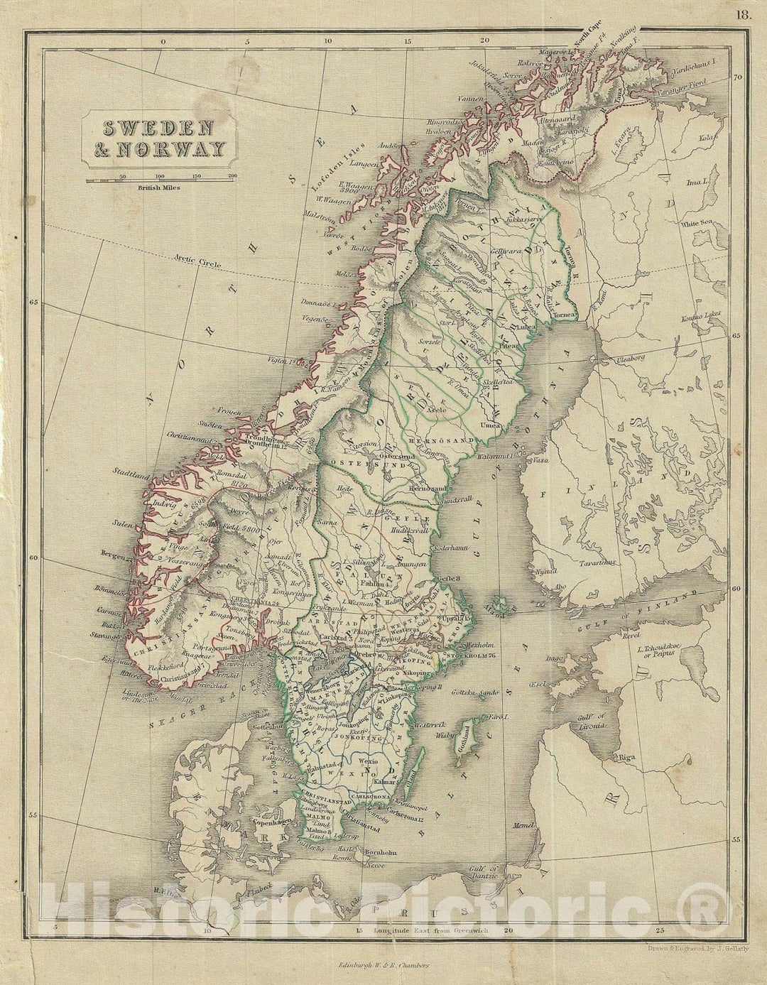 Historic Map : Sweden and Norway, Chambers, 1845, Vintage Wall Art