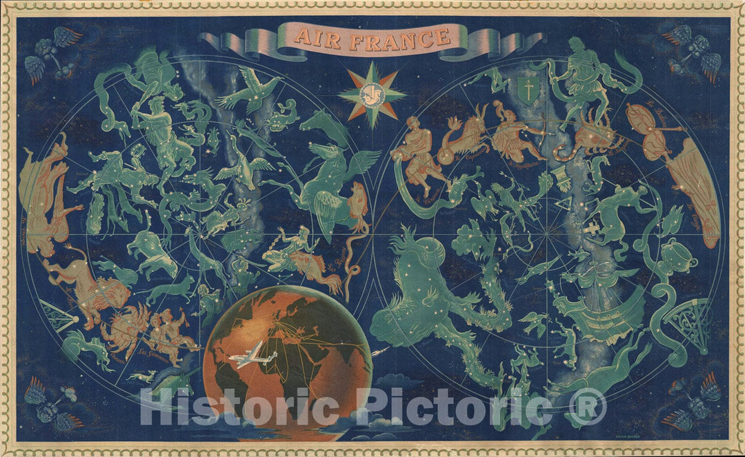 Historic Map : Air France Double Hemisphere Celestial "surrealist", Lucien Boucher, 1953, Vintage Wall Art