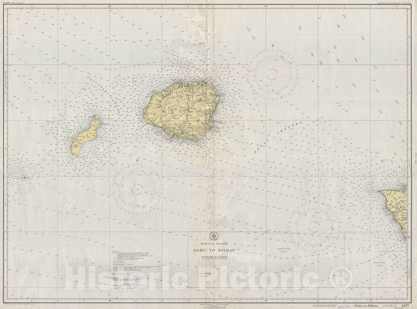 Historic Map : Nautical Chart Oahu, Kauai, Niihau, U.S. Coast Survey, 1947, Vintage Wall Art