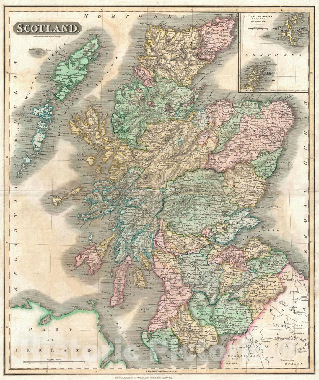 Historic Map : Scotland with The Shteland anArtkney Islands, Thomson, 1815, Vintage Wall Art