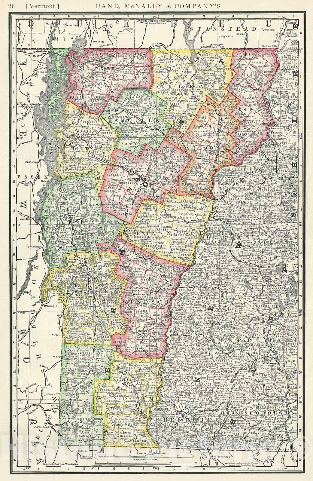 Historic Map : Vermont, United States, Rand McNally, 1888, Vintage Wall Art