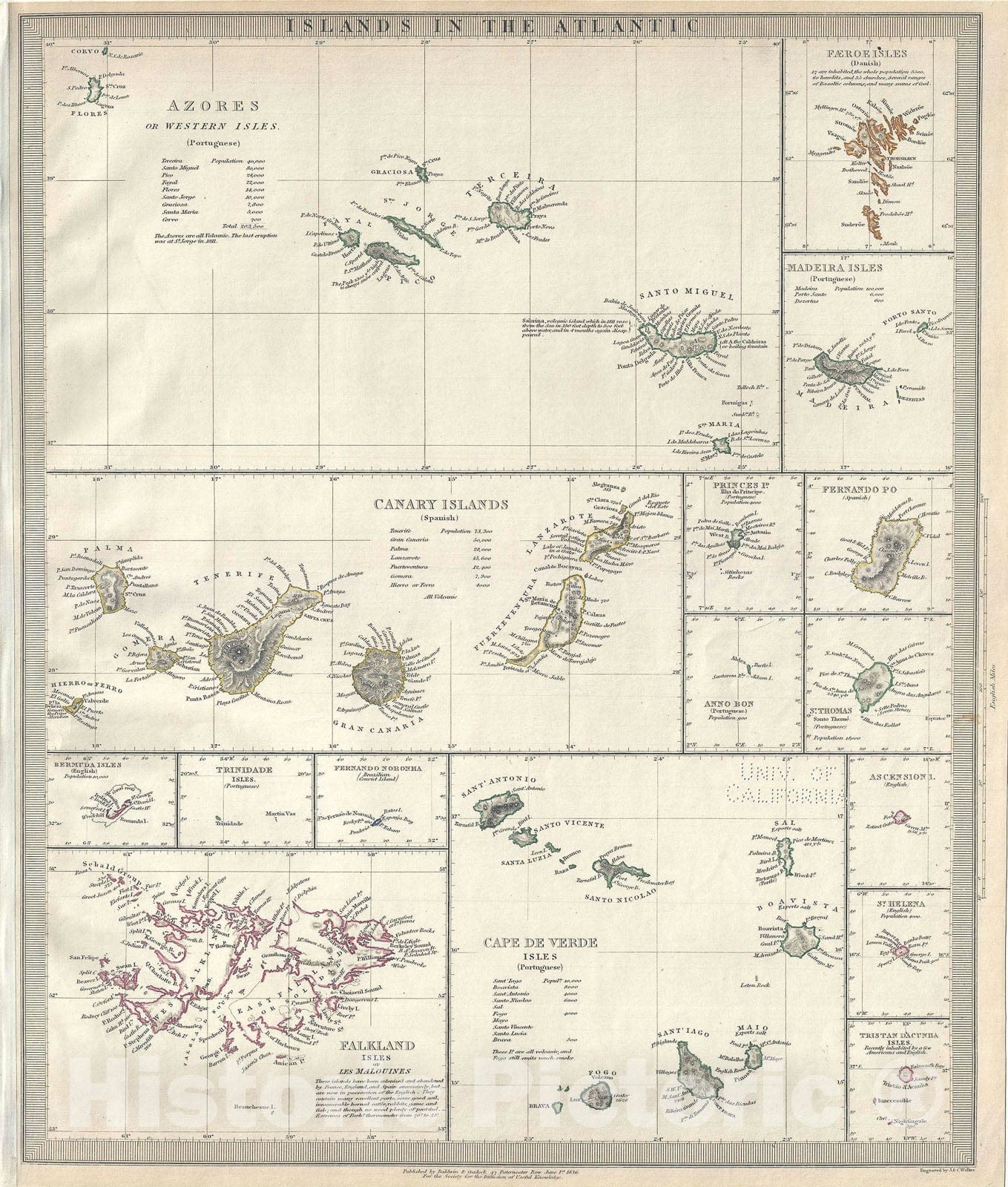 Historic Map : The Islands in The Atlantic Ocean, S.D.U.K., 1836, Vintage Wall Art