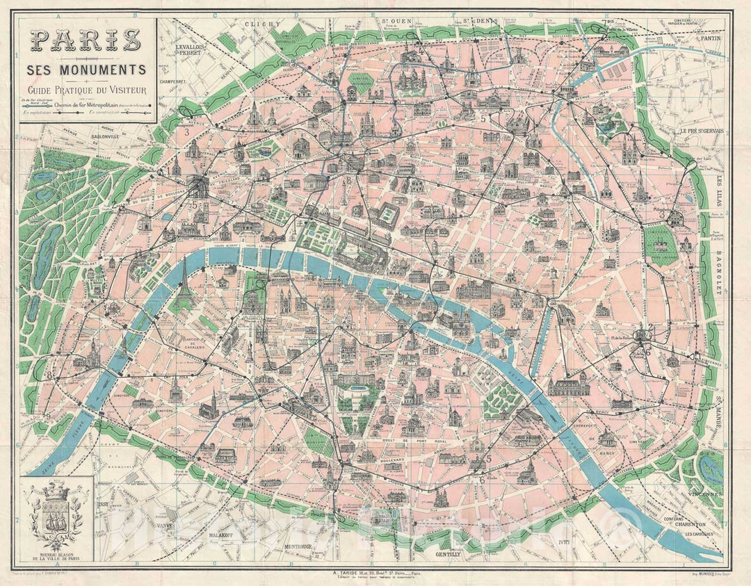 Historic Map : Borremans Pictorial Map of Paris, France w/ Monuments, 1925, Vintage Wall Art