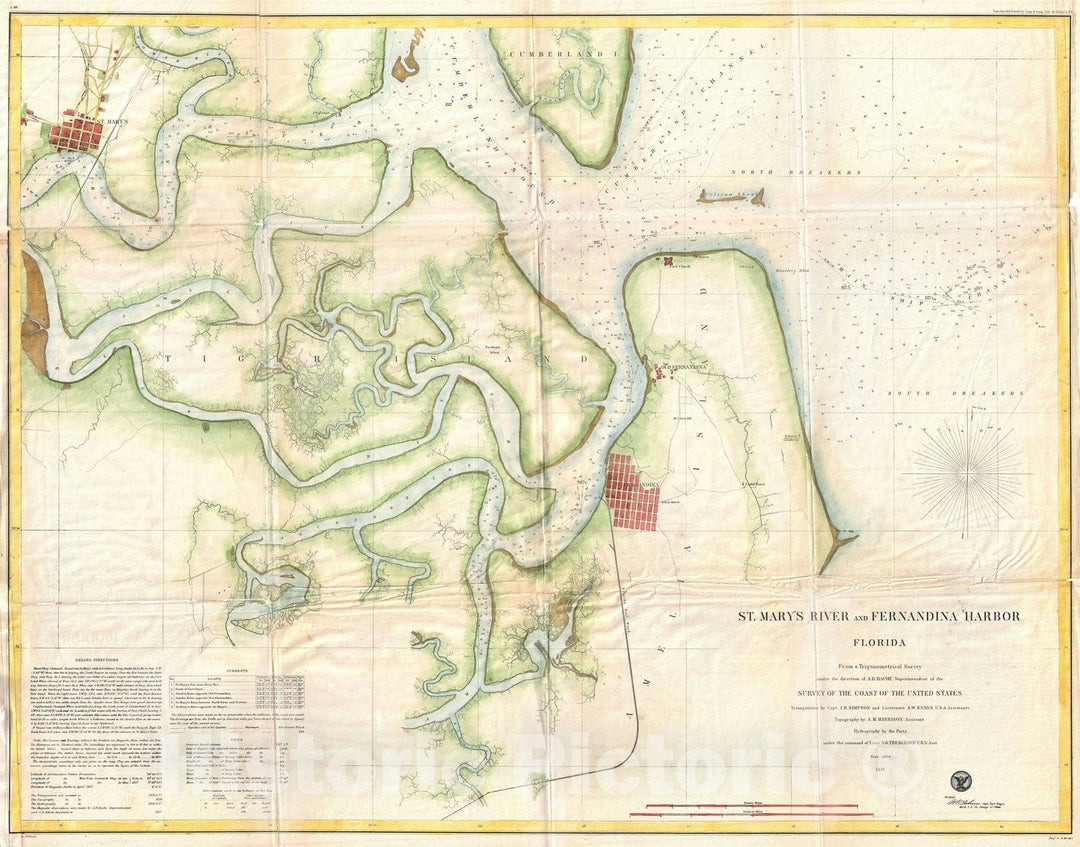 Historic Map : Nautical Chart St. Mary's River and Fernandina Harbor, Florida, U.S. Coast Survey, 1857 v2, Vintage Wall Art