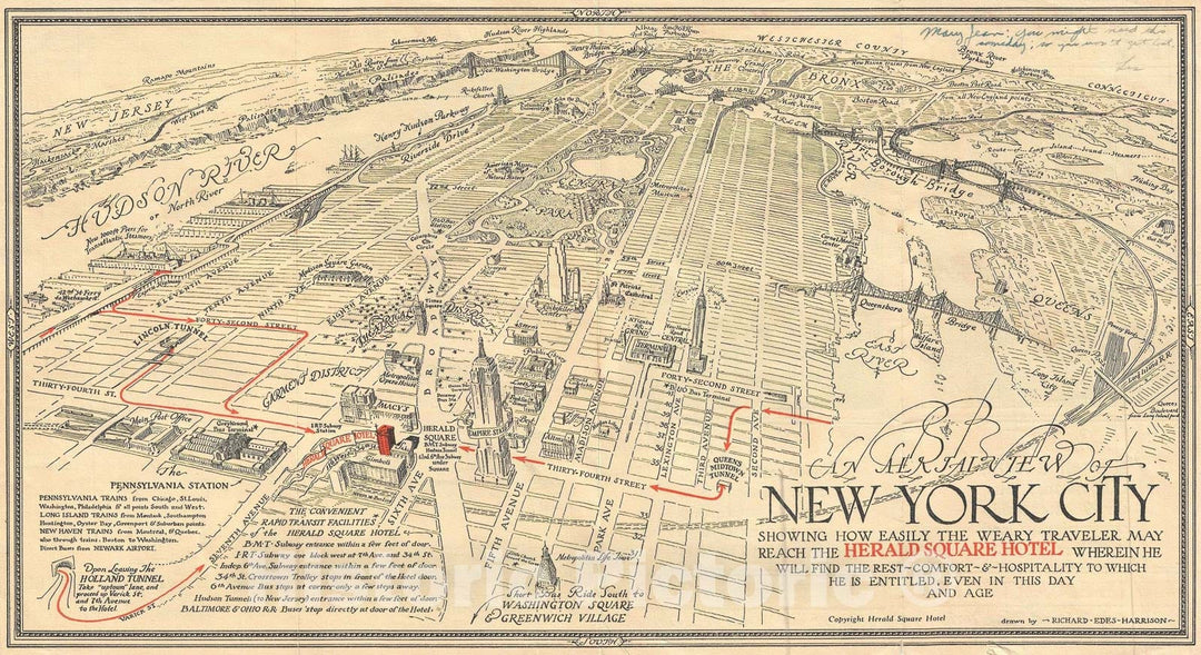 Historic Map : Bird's Eye View New York City, Harrison, 1931, Vintage Wall Art