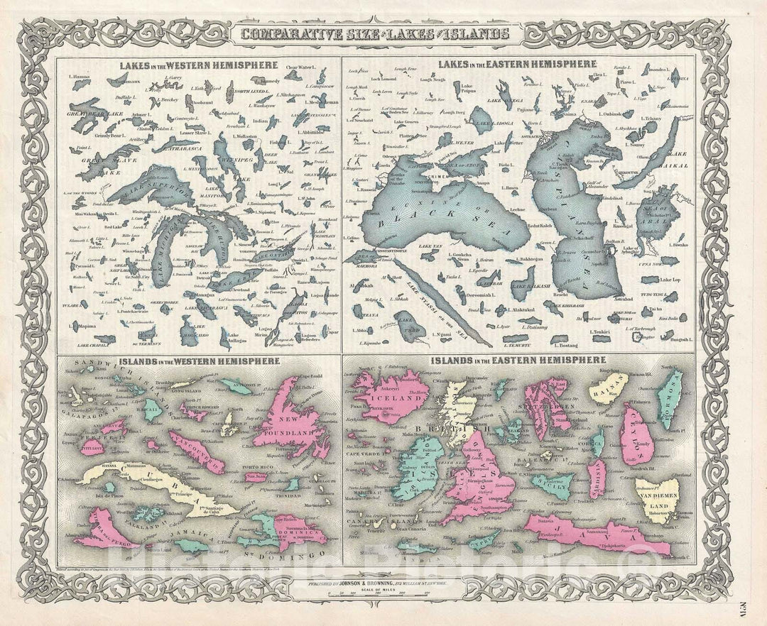 Historic Map : Comparative Chart of The World's Islands and Lakes, Colton, 1855, Vintage Wall Art