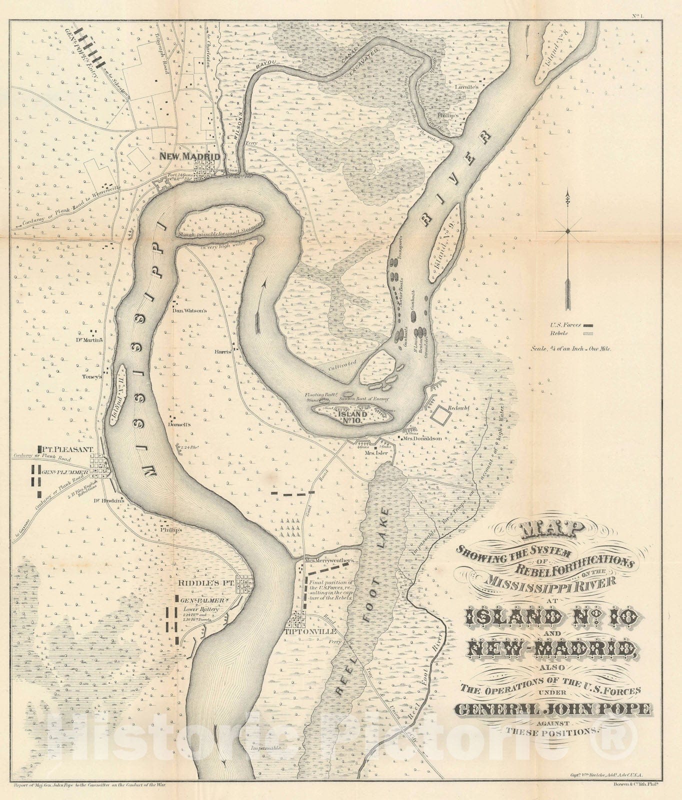 Historic Map : The Mississippi River around New Madrid, MO, John Pope, 1862, Vintage Wall Art