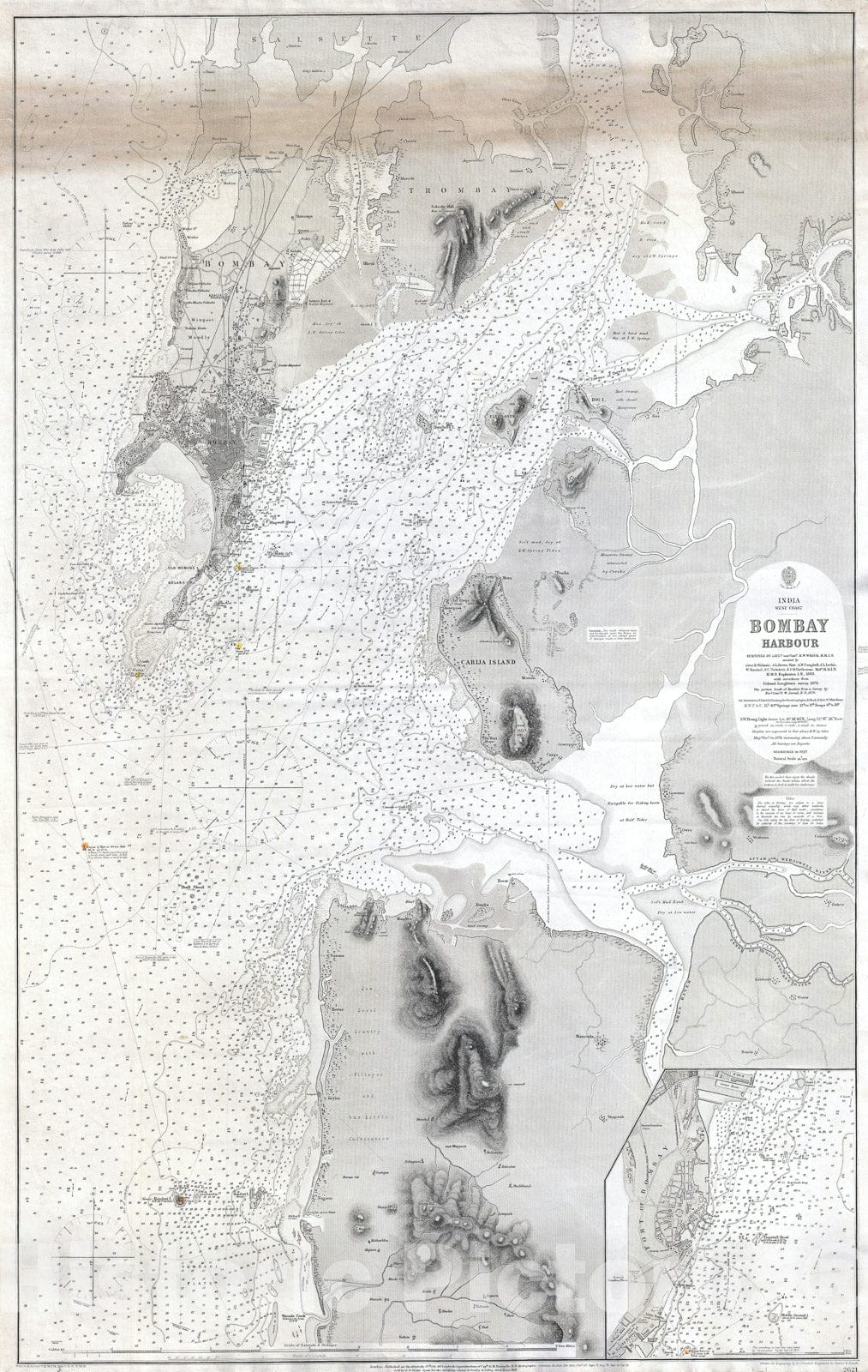 Historic Map : Nautical Chart Bombay Harbor, India " Mumbai ", British Admiralty, 1879, Vintage Wall Art