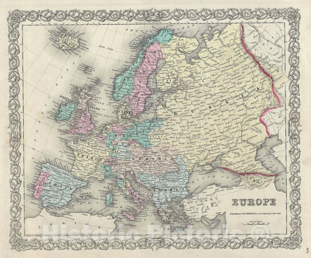 Historic Map : Europe, Colton, 1856, Vintage Wall Art