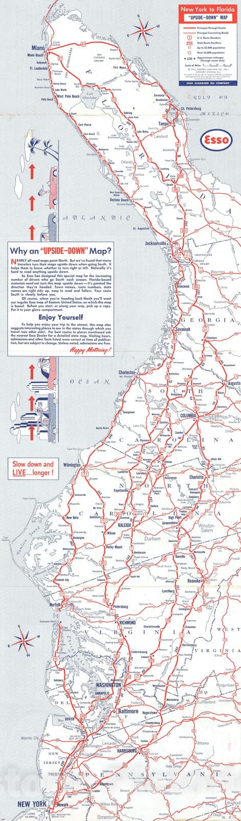 Historic Map : General Drafting Co. Upside Down Road Map of The Eastern United States, 1955, Vintage Wall Art