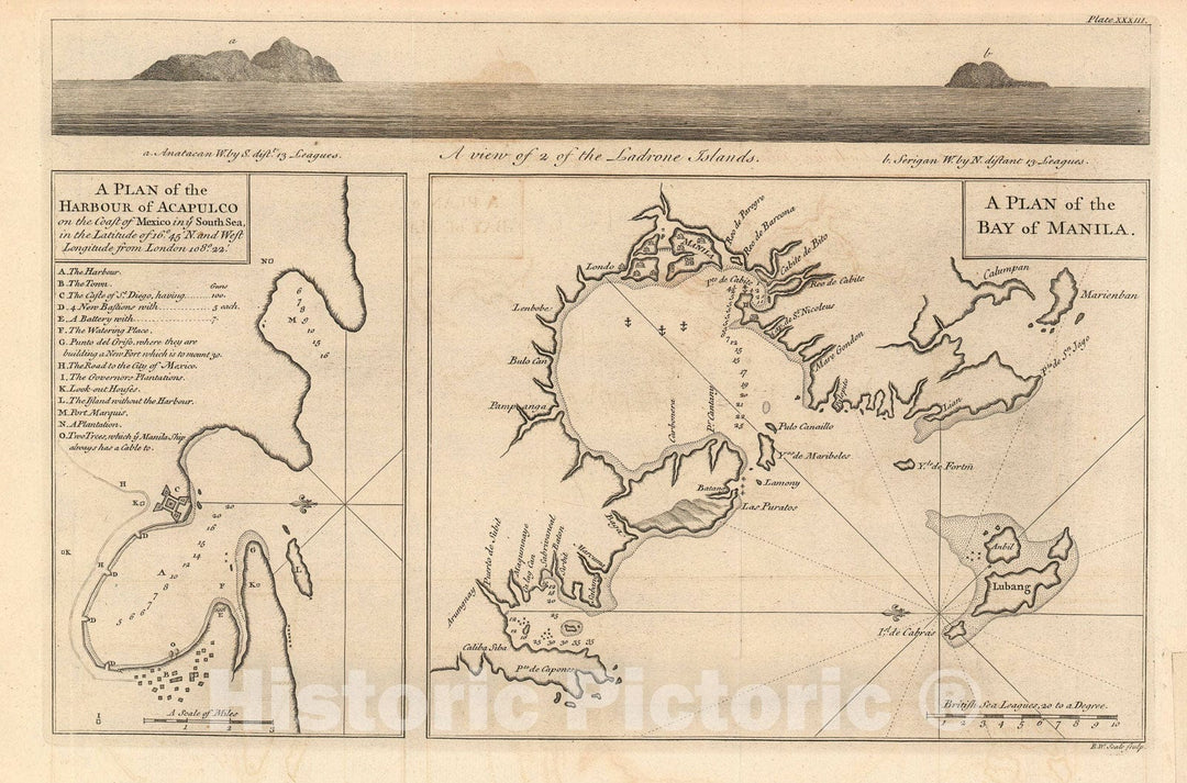 Historic Map : The Harbors of Acapulco and Manila - Mexico-Philippines, Anson, 1748, Vintage Wall Art